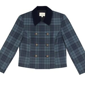 Carroll Reed Blazer Womens 14P‎ Blue Plaid Wool Double Breasted Velvet Collar